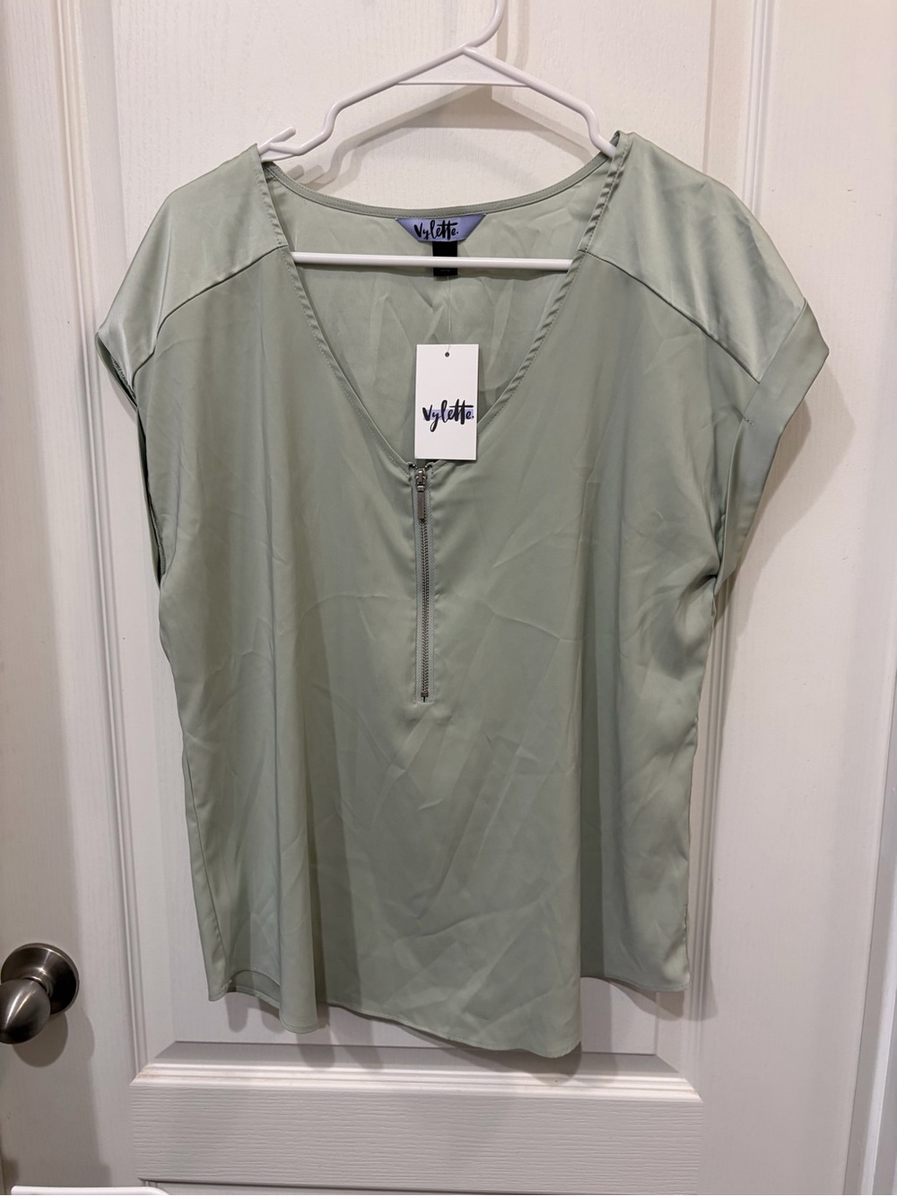 Vylette Sage Green Zip-Front Short Sleeve Blouse